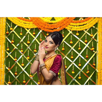 10x7ft India Pooja Photography Backdrop Yellow Flower Green Flower Wall Hindu Photography Background Indian Wedding Puja Ganpati Pooja Traditional Mehndi Festival for Kids Adult Studio Video - size: 10x7ft