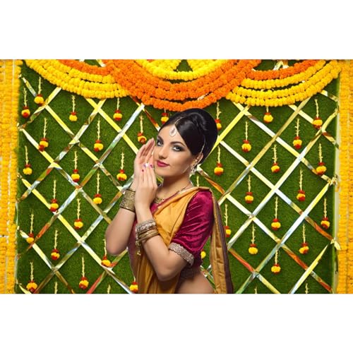 20x10ft India Pooja Photography Backdrop Yellow Flower Green Flower Wall Hindu Photography Background Indian Wedding Puja Ganpati Pooja Traditional Mehndi Festival for Kids Adult Studio Video - size: 20x10ft