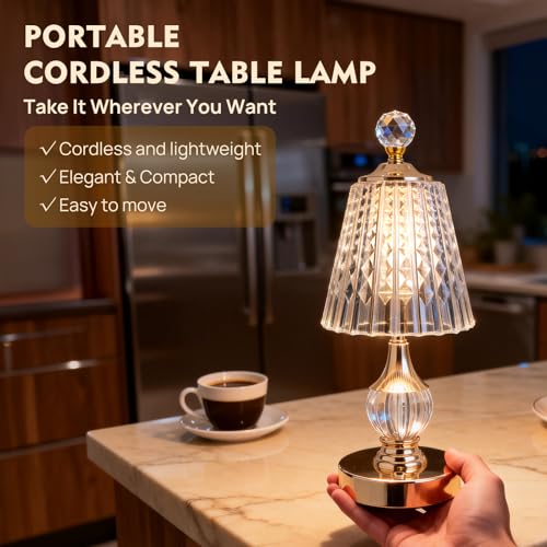 Gold Crystal Battery Operated Rechargeable Lamp Cordless, Diamond - color: Gold-Diamond