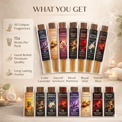 Incense Sticks Variety Pack, 150 Count – Nag Champa, Sandalwood, Lavender, Rose, Oud, Dragon Blood, Jasmine, Pineapple, Floral Harmony & Fruity Burst | 10 Scents × 15 Sticks | Natural Incense Set