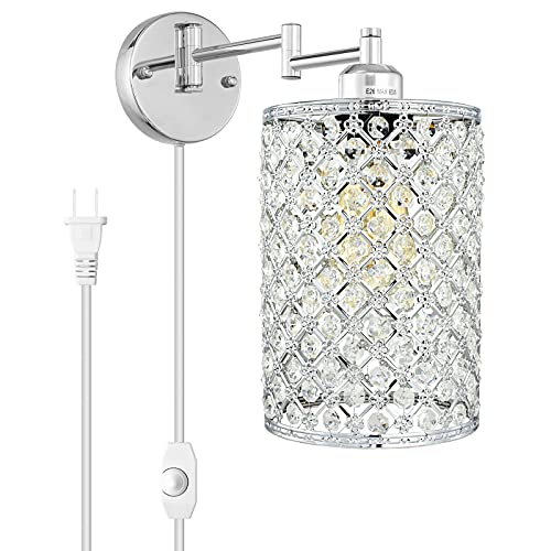 1-Light Wall Lamp Modern Style Metal Round lampshade Decorative Dimmable Crystal E26 Base Wall Lights Industrial Swing Arm Wall Sconce for Home Decor Plug-in Wall lamp 67.59 inch Cord