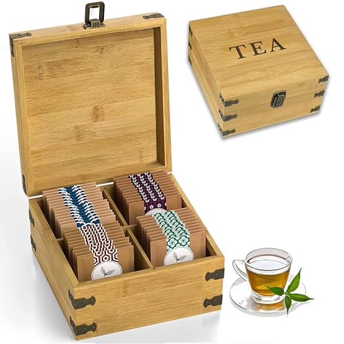 Tea Organizer Box 7.4" x 8.1" x 4.2" Bamboo Wood Organizer Storage Chest 4 Tall Adjustable Slots 100% Handmade Eco-Friendly Natural Kitchen Décor - color: Tea, size: 4-Slot Square