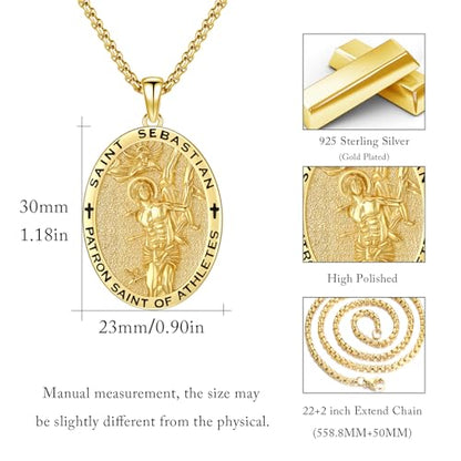 Silver/14K Gold Patron Saint Medal Amulet Necklace for Men Women - color: Gold, style: 25A-St Sebastian Runner