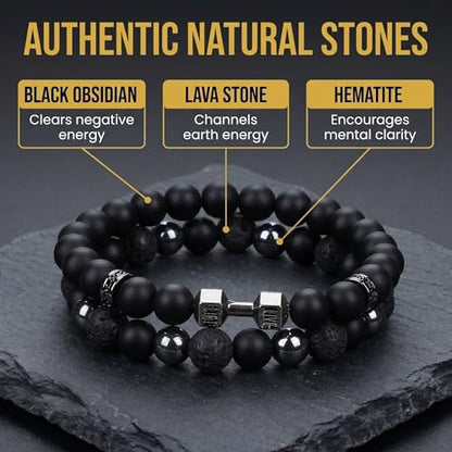 Mens Beaded Bracelets, Cross Bracelet for Men with Hematite Black Obsidian Lava Stone Triple Protection Bracelets for Men - size: Medium, style: Dumbbell