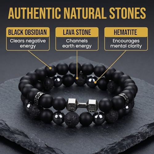 Mens Beaded Bracelets, Cross Bracelet for Men with Hematite Black Obsidian Lava Stone Triple Protection Bracelets for Men - size: Small, style: Dumbbell