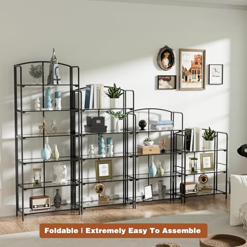 Crofy 3-Tier Wider Foldable Bookshelf, Black Frame & Transparent Shelves - color: Black Frame & Transparent Shelf, size: 3 Tier Wider