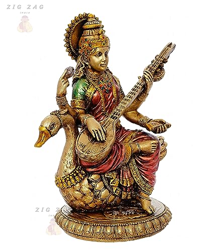 zig zag Maa Saraswati Devi Idol Statue Goddess of Knowledge, Music MATA Saraswati Figurine for School, Office, Home (Multicolor, 8 Inches)