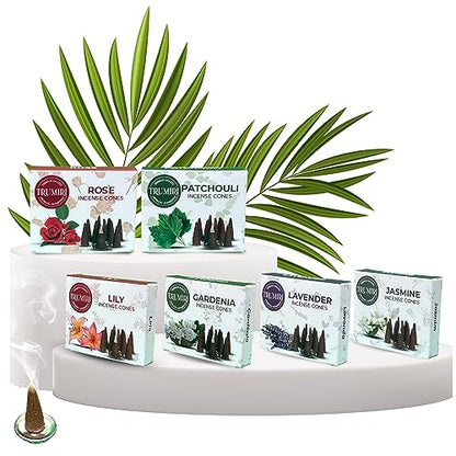 Trumiri Floral Incense Cones - Variety Pack - Total 60 Cone Incense (6 Scents x 10 Conos) - Rose, Lavender, Jasmin, Patchouli, Gardenia, Lily - Cone Incense Scents - Insense Cones - Incent Cone - color: Floral