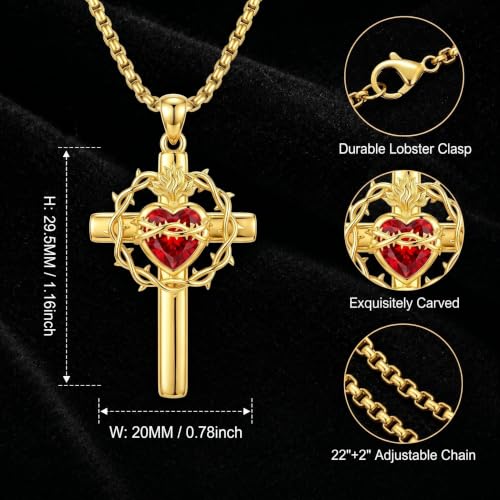ROMANTICWORK Cross Pendant Necklace 14k Gold Plating Christian Crucifix Necklace Religious Confirmation Jewelry Gifts for Men Women - color: Sacred Heart of Jesus Cross