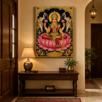 Tela Stories Goddess Lakshmi on Lotus Canvas Wall Hanging Decor for Pooja Room, 12x16 Inches, Portrait, Rectangular, Religious, Unframed - size: 16"L x 12"W