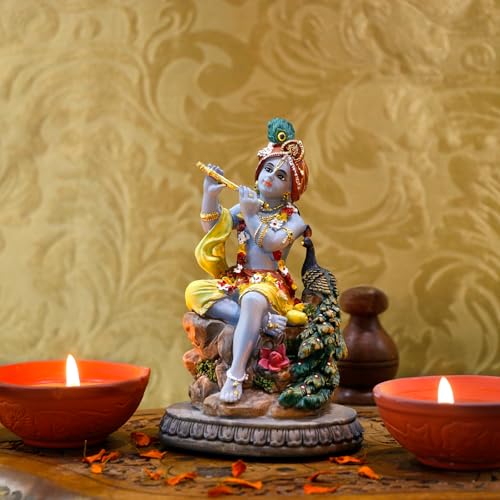 alikiki Hindu God Krishna Statue - 5.5”H India Lord Krishna Idol Play the Flute w/Peacock Murti Item Home Office Temple Mandir Shrine Altar Pooja Decor Diwali Puja Decor Gifts for Indian Friend