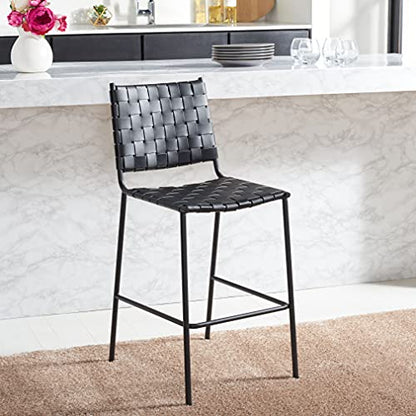 SAFAVIEH Home Collection Bahari Black Woven Leather/Black 26-inch Kitchen Island Breakfast Nook Counter Stool (Fully Assembled) - color: Black
