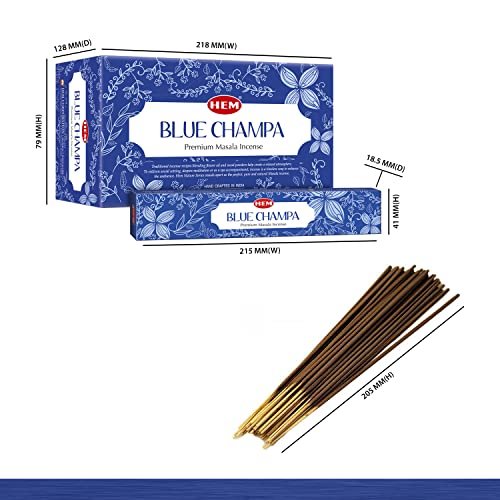 HEM Premium Blue Champa Masala Incense Sticks | Pure Herbs, Wood Powder | Aromatherapy Incense for Stress Relief, Air Purifier & Cleansing | Gift Set - Pack of 12 (15 GMS Each) - size: Blue Champa