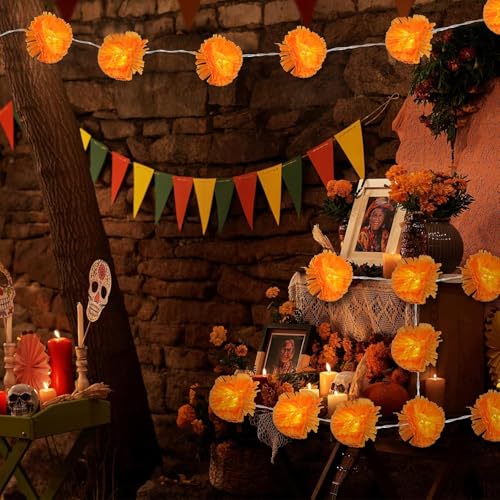 1 Pack Lighted Marigold Garland 20 LED Artificial Marigold Flowers String Lights Dia de Los Muertos Day of The Dead Decorations for Halloween Diwali Indian Party (1, 10 Ft 20 LED) - size: 10 Ft 20 LED