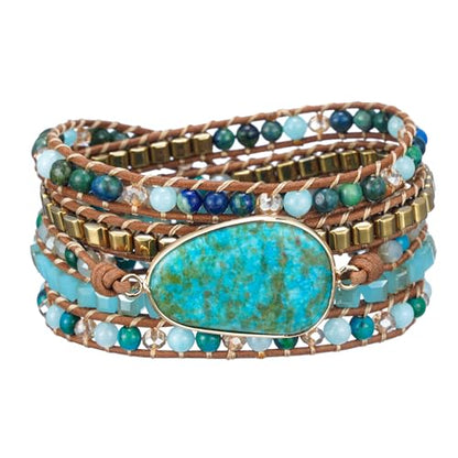 Plumiss Women Boho Handmade Natural Stone Crystal Leather Bead Wrap Bracelets Collection - style: Chrysocolla-Ne
