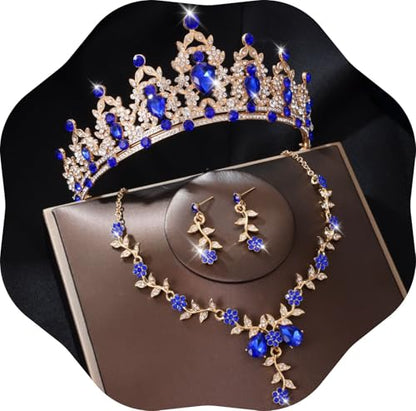 Kamirola Tiaras and Crowns for Women,Tiaras Earrings Necklace, Crystal Bridal Jewelry Set, Costume Party Halloween Prom Pageant Jewelry for Women(TR45) - color: Gold Blue