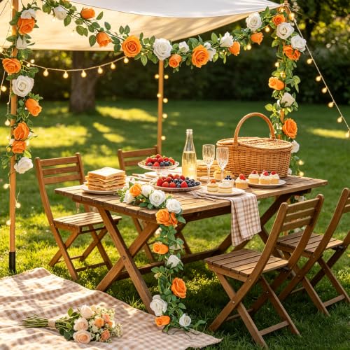 GREENTIME 2Pack Orange White Flower Garland Each 6.5FT Fake Rose Garland - color: Orange White