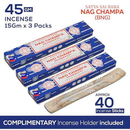 Satya Nagchampa Incense Sticks, Satya Bng (Bangalore) Insenses 15gmx3 Pack (45 GMS) with Raajsee Incence Holder Bundle, Satya Nagchampa Natural Incense - color: Nagchampa