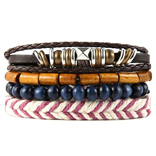HZMAN Handmade Hemp Cords Wood Beads Leather Bracelets for Men Women - style: Hand-made 4 MIX