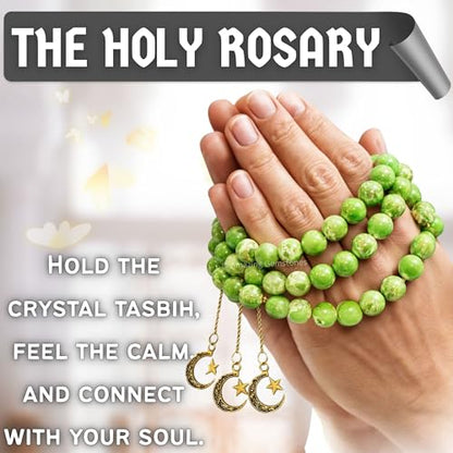 Amazing Gemstone Crystal Tasbeeh with Moon and Star Charm - Certified Crystal Muslim Prayer Beads Natural Gemstone Tasbih Gift for Ramadan Dhikr and Daily Namaz (G) - color: Green Turquoise