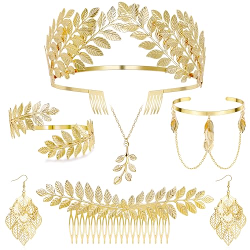 NICEIGHT 7Pcs Greek Goddess Costume Accessories for Women Gold Greek Leaf Crown Upper Arm Cuff Artificial Leaf Drop Earrings Necklace Golden Laurel Leaf Bridal Hair Comb for Wedding Cosplay Party - color: Gold-A