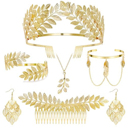 NICEIGHT 7Pcs Greek Goddess Costume Accessories for Women Gold Greek Leaf Crown Upper Arm Cuff Artificial Leaf Drop Earrings Necklace Golden Laurel Leaf Bridal Hair Comb for Wedding Cosplay Party - color: Gold-A