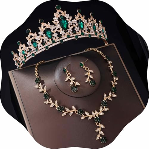 Kamirola Tiaras and Crowns for Women,Tiaras Earrings Necklace, Crystal Bridal Jewelry Set, Costume Party Halloween Prom Pageant Jewelry for Women(TR45) - color: Gold Green