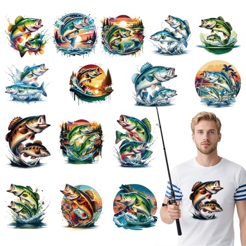 Dtf Transfers Ready to Press - 15Pcs Fish Lovers Iron on Transfers for Tshirts, Gone Fishing Iron on Decals Patches, Heat Transfer Stickers for DIY Clothing Bags Dad Father‘s Day Gifts - color: fishing 244