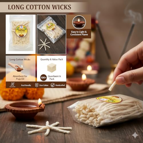 Puja Cotton Wicks for Oil Lamp | Long Jyot Bati for Akhand Diya | Religious & Diwali Lighting | Premium Cotton Diya Wicks (Long)