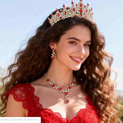 Kamirola Tiaras and Crowns for Women,Tiaras Earrings Necklace, Crystal Bridal Jewelry Set (TR48) - color: Gold Red