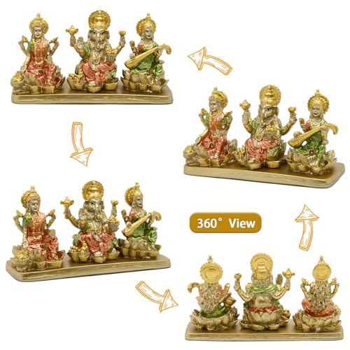 alikiki Hindu Lakshmi Ganesha Saraswati Statue - Laxmi Ganesh Idol for Car Dashboard Decor Home Temple Mandir Pooja Item Indian Puja Item Diwali Gift Meditation Yoga Altar Decoration