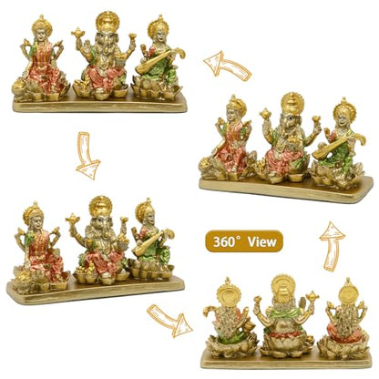 alikiki Hindu Lakshmi Ganesha Saraswati Statue - Laxmi Ganesh Idol for Car Dashboard Decor Home Temple Mandir Pooja Item Indian Puja Item Diwali Gift Meditation Yoga Altar Decoration
