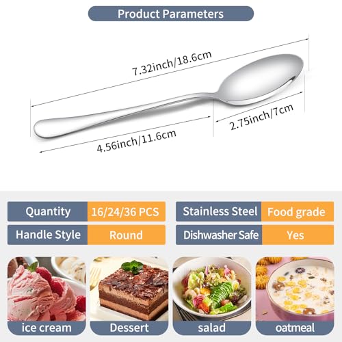 16 Pcs Dinner Spoons Set, 7.32" Tablespoons Set Spoons Silverware 304 Premium Food Grade Stainless Steel Spoons Kitchen Dessert Spoon Set Mirror Finish & Dishwasher Safe,Use for Home,Restaurant