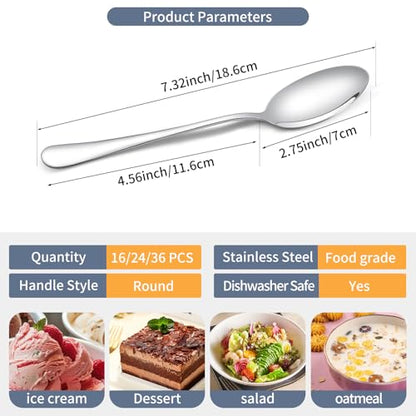 16 Pcs Dinner Spoons Set, 7.32" Tablespoons Set Spoons Silverware 304 Premium Food Grade Stainless Steel Spoons Kitchen Dessert Spoon Set Mirror Finish & Dishwasher Safe,Use for Home,Restaurant