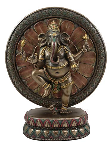 Ebros 9.25" Tall Hindu Supreme God Dancing Nritya Ganesha Chaturthi in One Legged Yoga Pose On Lotus Sun Disc Ohm Plaque Statue Patron of Success Arts and Wisdom Hinduism Vastu Altar Decorative