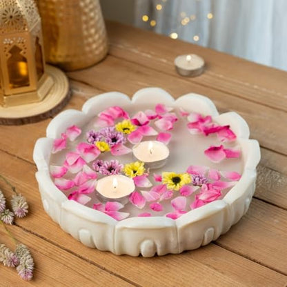 RITUALISTIC Padma Makrana Marble Urli Bowl (23×23×5 cm) | Natural White Marble with Lotus Design | Floating Candles & Flower Décor | Pooja Room Living Room Festive Display | Diwali Housewarming Gift - style: Padma Marble Urli