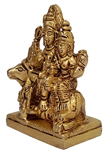 Purpledip Brass Idol Shiva with Parvati, Ganesha, Karthikeya and Nandi: Vintage Statue for Home Temple (10382A)