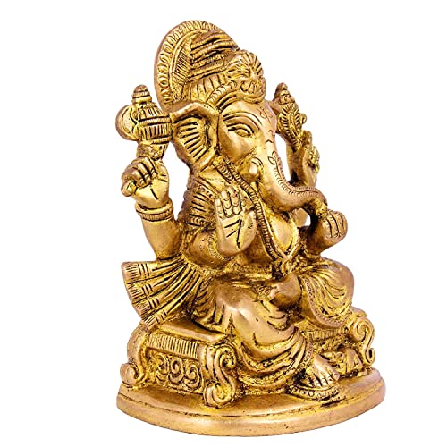 GLOOKS Ganesha Hindu Religious Statue of God Idol 5.2 Inches Brass Sculpture