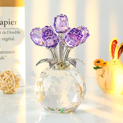 Movdyka Purple Crystal Rose Glass Flowers with Vase Figurine Home Decor - color: Purple-crystal Rose