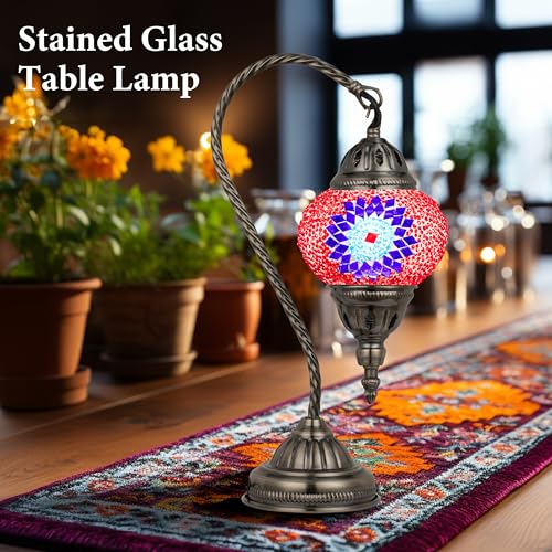 Marrakech Turkish Mosaic Lamp Stained Glass Table Lamp with Tiffany Style - color: Red