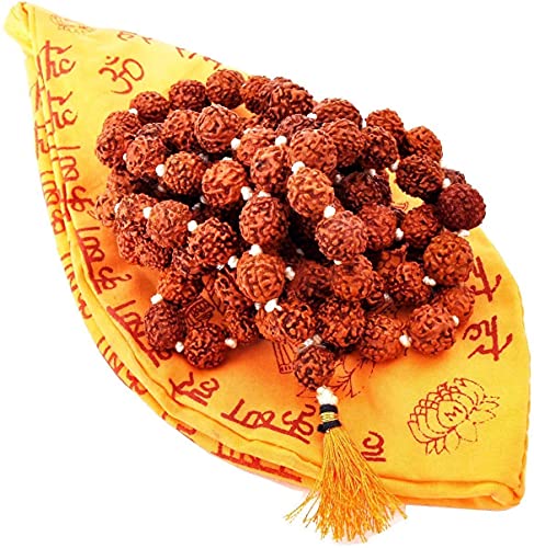 Rudraksh Japa Mala 10MM with Japa Bag Gaumukhi | Natural Himalayan Genuine Original Rudraksha Rosary Garland Japa Mala, Religious Tibetan Rudraksha Necklace Bracelet Yoga Meditation Bead