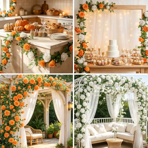 GREENTIME 2Pack Orange White Flower Garland Each 6.5FT Fake Rose Garland - color: Orange White