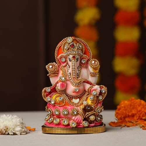 Purpledip Resin Idol Pearl Ganesha: Collectible Idol for Home Temple with Stunning Beads Overlay (12700)