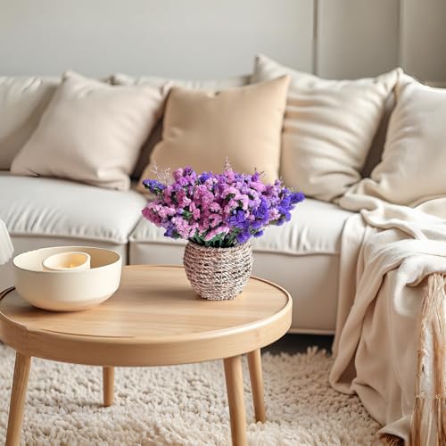 Preserved Forget Me Not & Natural Dried Purple Statice Flowers with Rattan Basket, Rustic Farmhouse Bouquet, Long Lasting Floral Centerpiece for Dining Table Home Decor Living Room