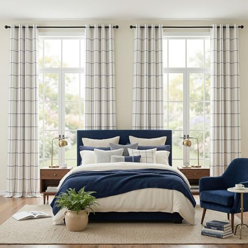 MYSKY HOME 100% Blackout Plaid Farmhouse Linen Curtains 54 Inch Length 2 Panels - Double Layer Checkered Windowpane Pattern Thermal Insulated Privacy Protection for Home, 52" W Each Panel, Navy Blue - color: Navy Blue, size: 52"W x 54"L (Pack of 2)