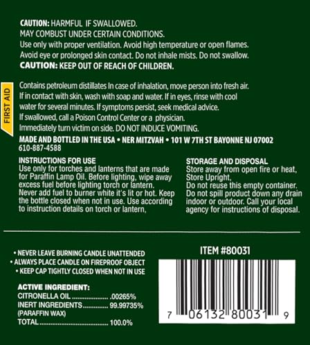 Ner Mitzvah Citronella Scented Lamp Oil, 1 Gallon - Smokeless and Odorless Insect and Mosquito Repellent Paraffin Lamp Oil for Indoor and Outdoor Lanterns, Torches, Oil Candle - size: 1 Gallon