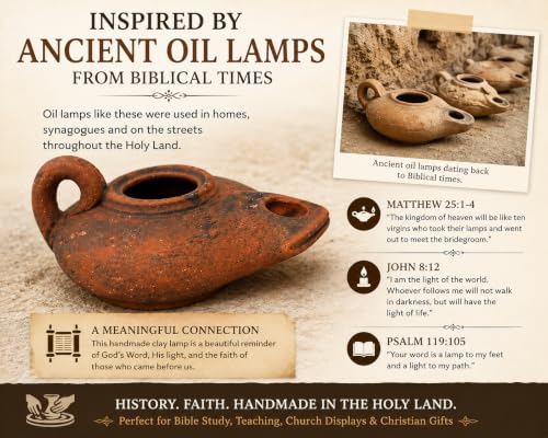 Biblical Oil Lamp Set, Handmade Holy Land Clay Lamp with Plate & 2 Wicks - color: Antique / Black