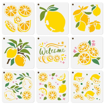9Pcs Lemon Stencils for Painting, 5.9"x 5.9" Reusable Lemon Slices Stencil Drawing Templates, Fruit DIY Craft Paint Templates for Wall Home Decor Wood Burning Canvas Fabric Card - style: Lemon
