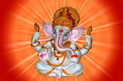 The Blessing. A White & Gold Statue of Lord Ganesh Ganpati Elephant Hindu God Made from Marble Powder