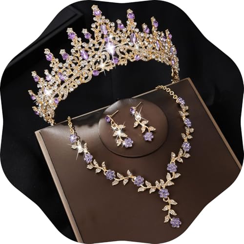 Kamirola Tiaras and Crowns for Women,Tiaras Earrings Necklace, Crystal Bridal Jewelry Set (TR48) - color: Gold Purple